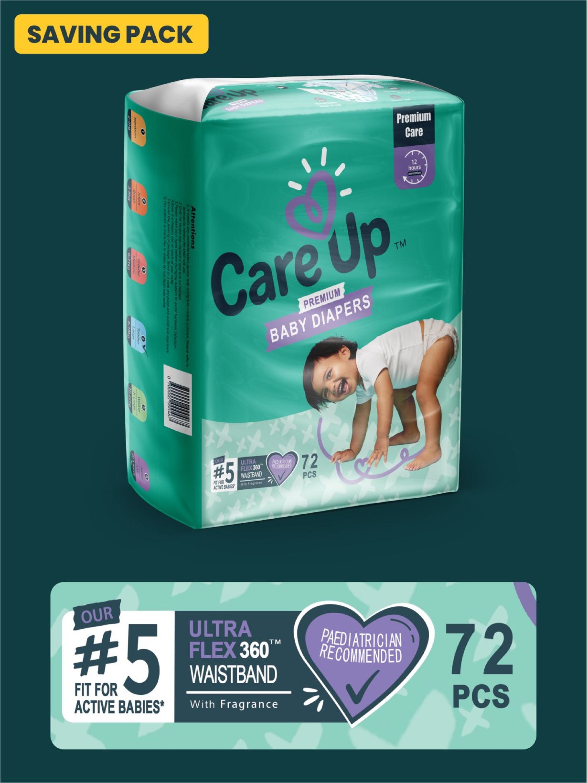 Care Up Premium Baby Diapers - M-3 Mega Pack 88 Pcs - Thumbnail